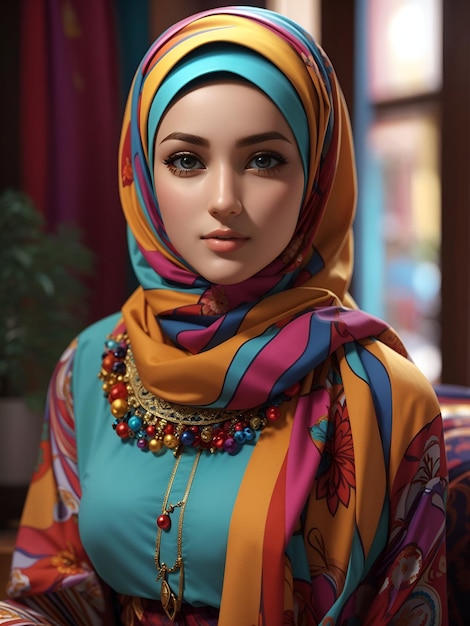 Portrait of a realistic pretty young muslim woman or girl in hijab looking at the camera