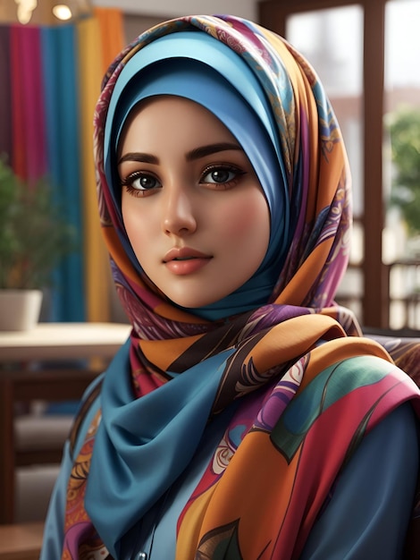 Portrait of a realistic pretty young muslim woman or girl in hijab looking at the camera