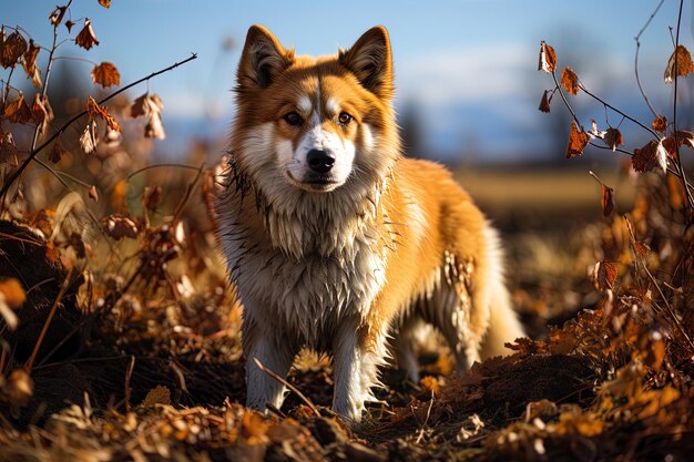 portrait of a red American akita dog on autumn foliage natural light outdoors warm filter ai art