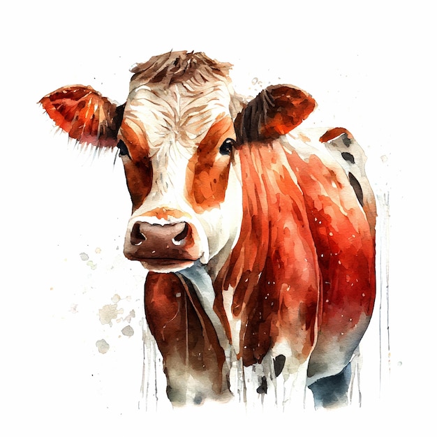 Portrait of red cow farm hand drawn watercolor illustration farm animals