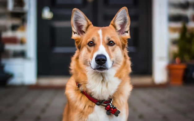 家の背景に赤い犬の肖像画