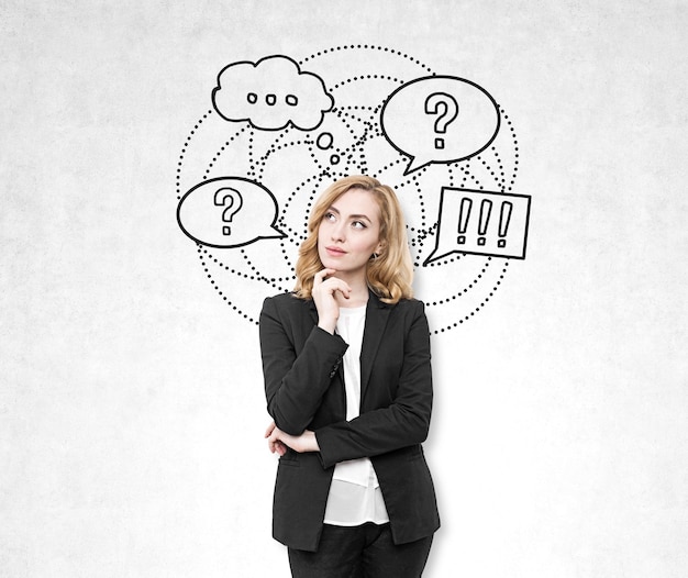 Portrait of a red haired businesswoman with her hand on the chin standing in a suit near a question and answer sketch drawing on a concrete wall