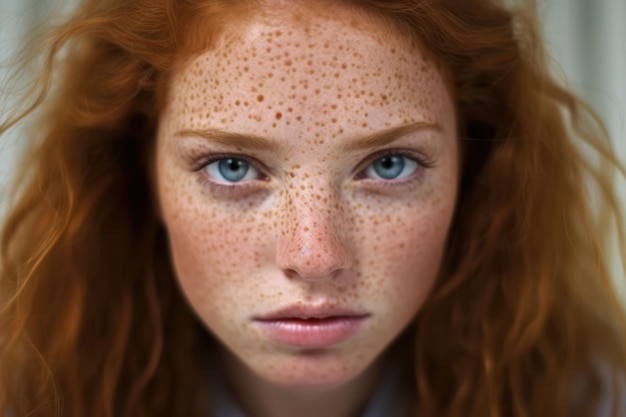 Портрет рыжеволосой девушки с голубыми глазами и веснушками, созданный с использованием генеративной технологии искусственного интеллекта
