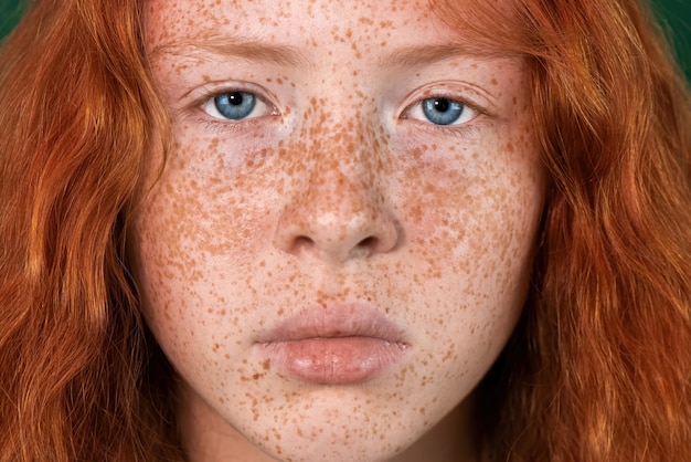 Photo portrait of a red-haired girl with lots of freckles on the skin and blue eyes on green