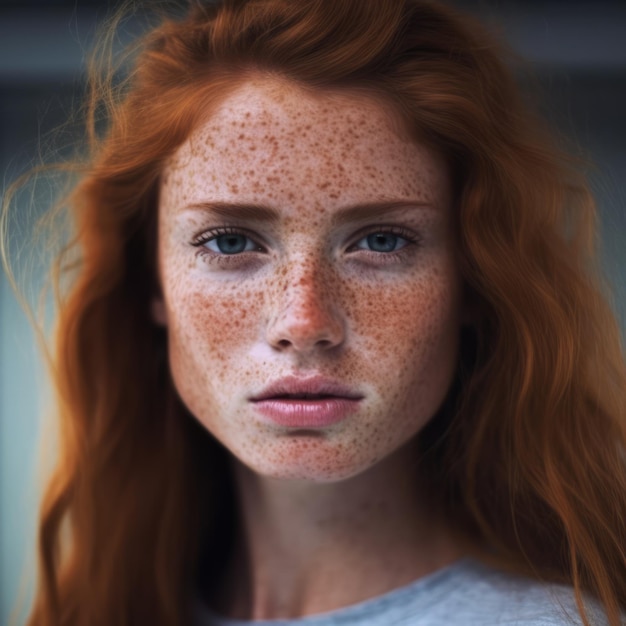 Portrait of red haired woman with blue eyes and freckles created using generative ai technology