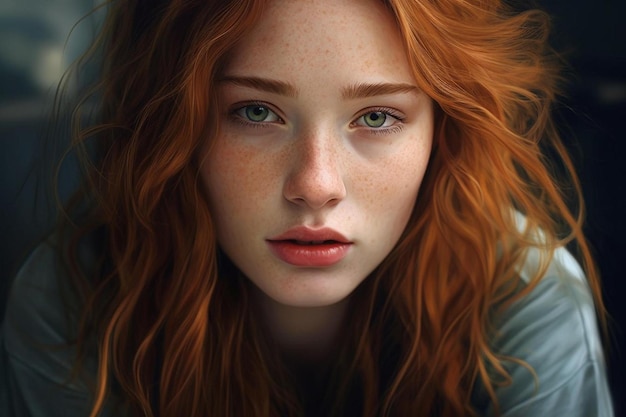 A portrait of a red haired woman with freckles on her face.