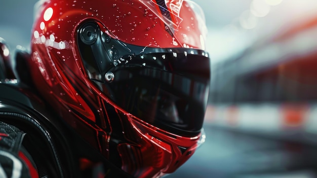 Портрет гонщика в красном шлеме с размытым фоном