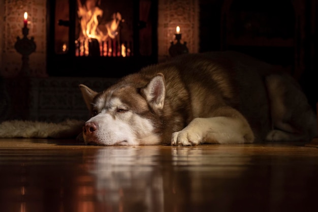 Portrait red husky dog dozing by burning fireplace in dark room