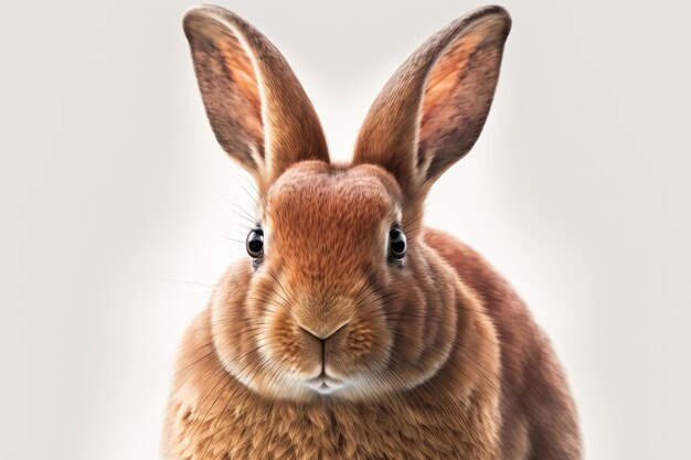 Portrait of a red rabbit looking straight at the viewer on a white background