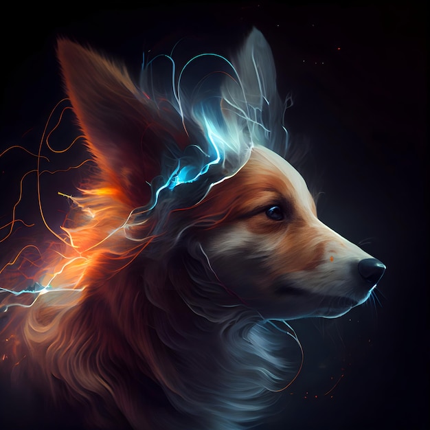 Portrait of a red welsh corgi dog with a lightning effect