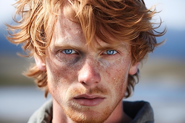 Portrait of a redhaired boy with freckles on his face