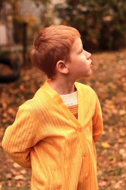 Photo portrait of redhaired boy in yellow jacket looking up on the background of yellow fallen leaves