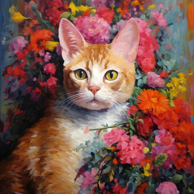 Portrait of a redhaired cat among flowers Digital painting