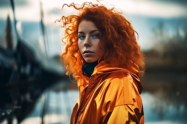 Portrait of a redhaired girl dressed fashionably in a bright orange jacket Street style