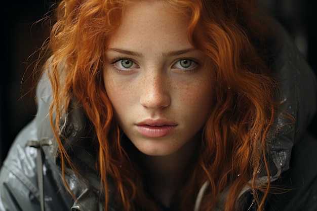 portrait of a redhaired girl with freckles closeup Generative AI