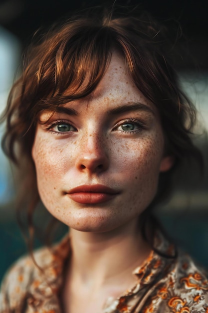 Portrait of a redhaired girl with freckles on her face