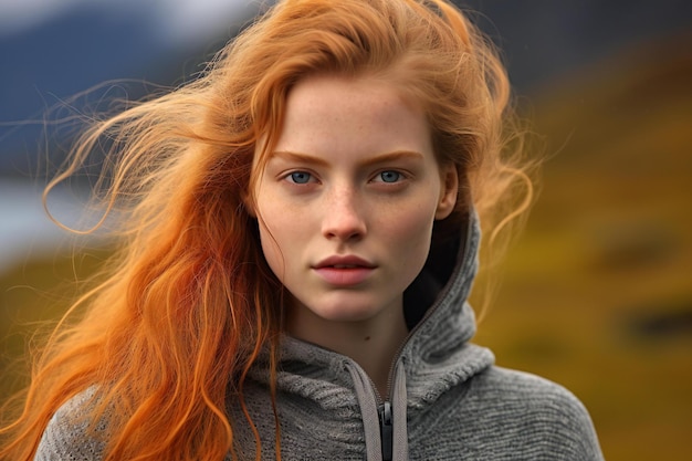 Portrait of a redhaired girl with long hair in the mountains