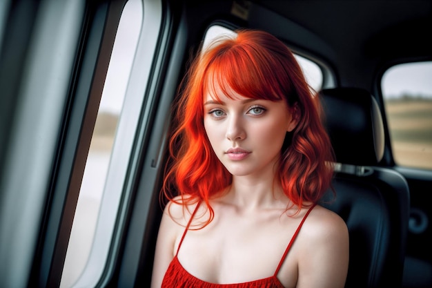 Portrait of a redhaired woman in a carCreative designer fashion glamour art