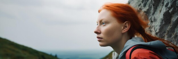 Portrait of a redhaired woman climbing the mountains leaking in the mountains Banner