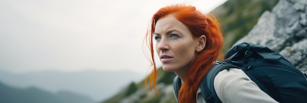 Portrait of a redhaired woman climbing the mountains leaking in the mountains Banner