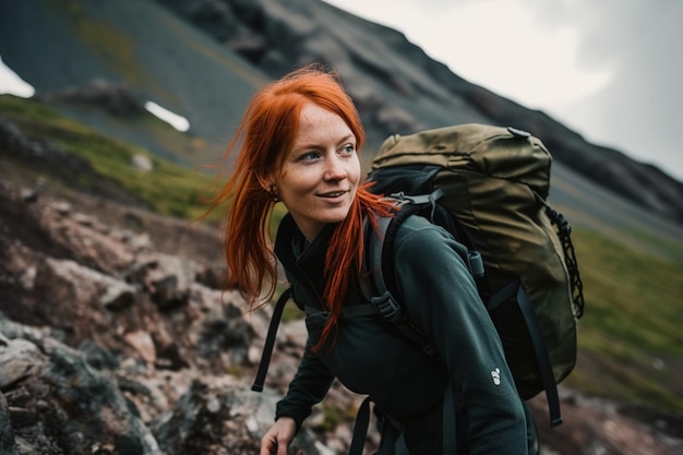 산에서 새는 산을 등반하는 redhaired 여자의 초상화