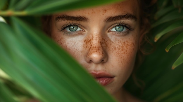 Foto ritratto di una donna dai capelli rossi con le lentiggini che sbircia attraverso foglie verdi vibranti occhi blu connessione con la natura