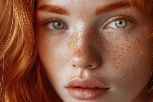 Portrait of a redhaired young girl with freckles Hyperrealistic photo