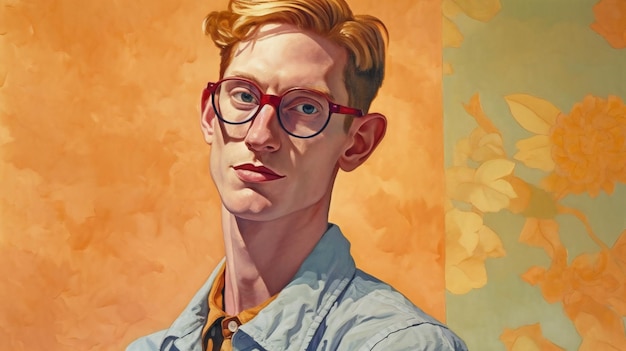 Portrait of a redhaired young man with glasses and a blue shirt