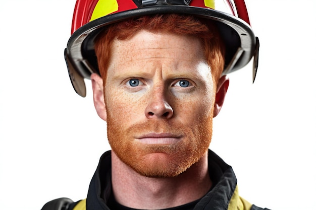 白い背景にヘルメットを持つ赤毛の消防士の肖像画