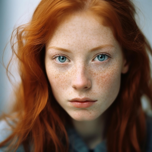 Photo portrait of redhead freckled girl with freckles