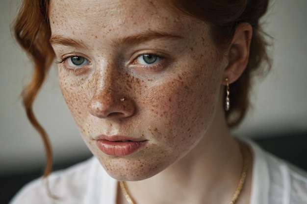 Photo portrait of a redhead girl with freckles on her face