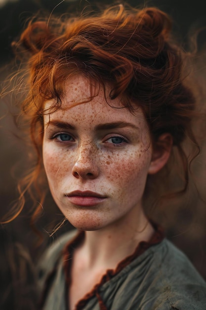 Photo portrait of a redhead girl with freckles on her face