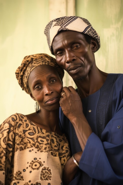 Portrait of a refugee couple on the phone with their son