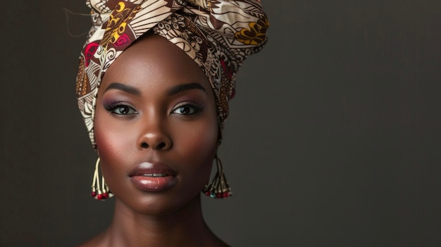 A portrait of a regal black woman adorned in a oneofakind handmade headwrap a symbol of cultural