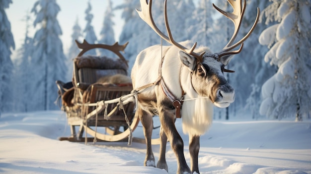 Portrait of a reindeer with massive antlers pulling sleigh in snow