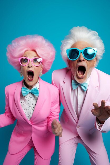 Photo portrait of relaxed fun senior couple wearing glasses on background