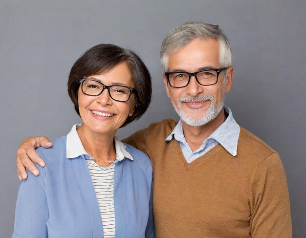 Portrait of relaxed fun senior couple wearing glasses posing on grey background