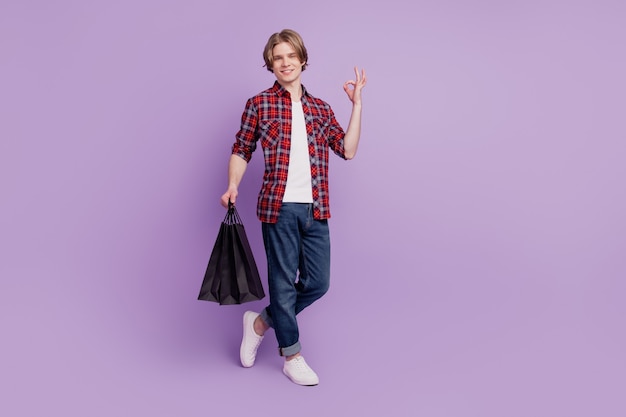 Portrait of reliable shopper guy hold shop bargains show okey gesture on violet background