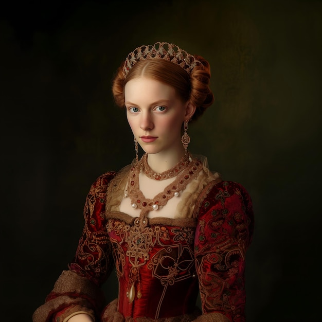 Photo portrait of a renaissance lady in jewels and embrodered gown