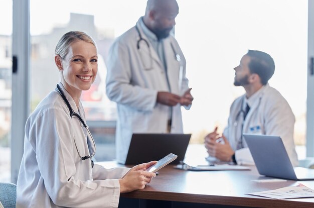 Photo portrait research and hospital doctor happy woman or surgeon team work on healthcare report medical help or wellness medicine development tablet and clinic person with online support information
