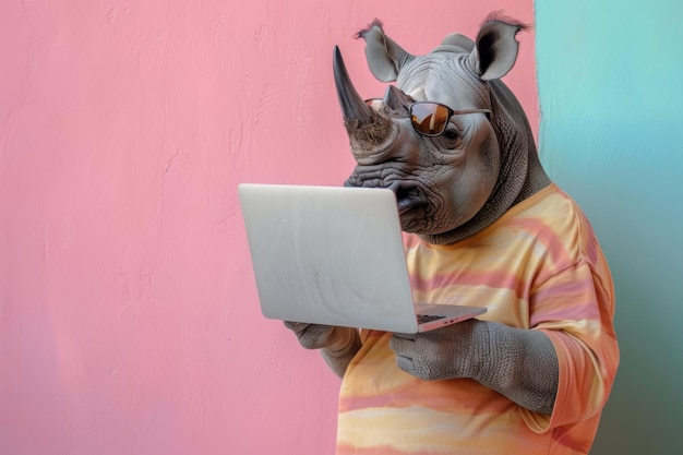Portrait of rhino wearing sunglasses with laptop on pink and blue background Learning Concept