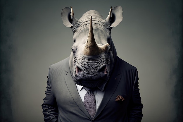 Portrait of rhinoceros businessman Animal head in business suit