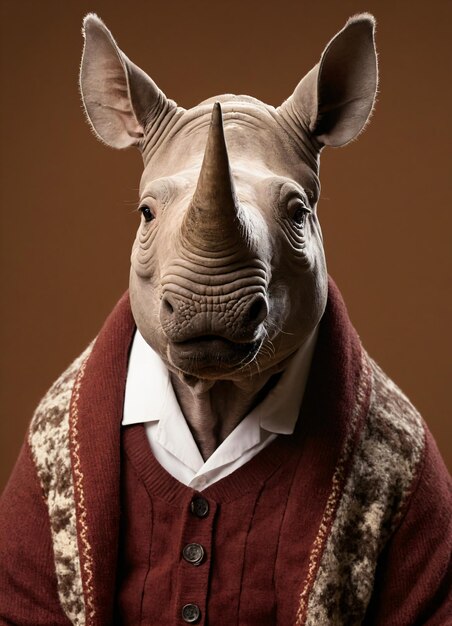 Portrait of a rhinoceros who is dressed in a cardigan and shirt for photo shoot on a chestnut brown