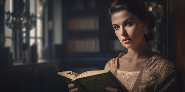 Portrait of rich woman indoors with book