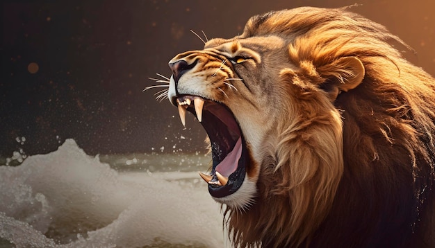 Portrait of a roaring lion in splashes of water