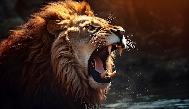 Portrait of a roaring lion in splashes of water