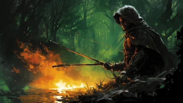 Portrait Of Robin Hood Firing Arrow In Enchanted Forest Generative AI