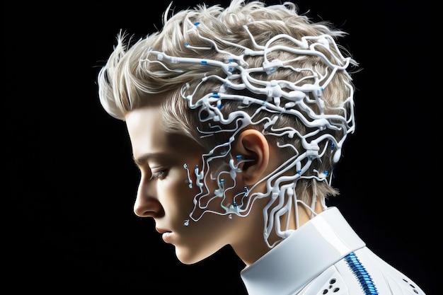 Portrait of a robotic teenager boy embodying artificial intelligence