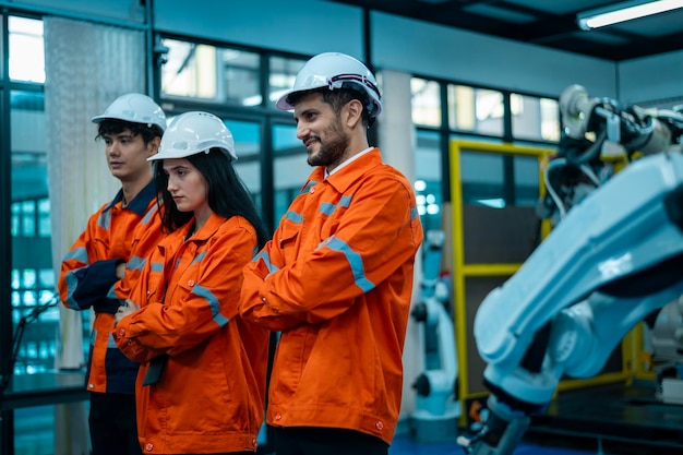 Photo portrait of robotics engineers working with programming