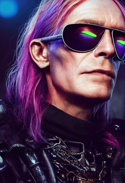 Portrait of a rock star wearing fancy sunglasses and pink hair\
concept of a rock musician